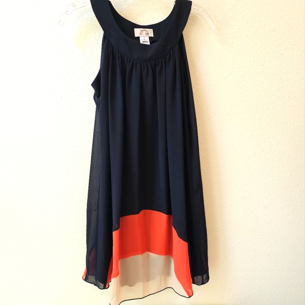 Navy Blue, Orange, Cream Sleeveless Scoop Neck Dress Sz Small